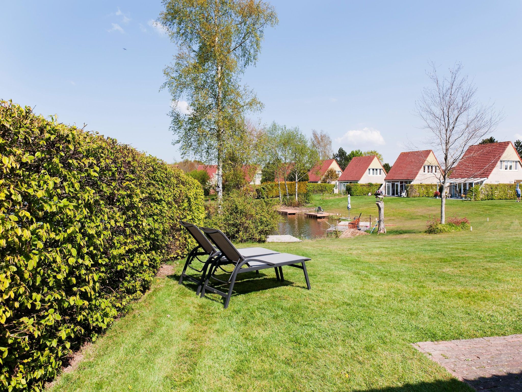 De tuin van 6 pers Renneborghuis Wellness Comfort met sauna in Groningen