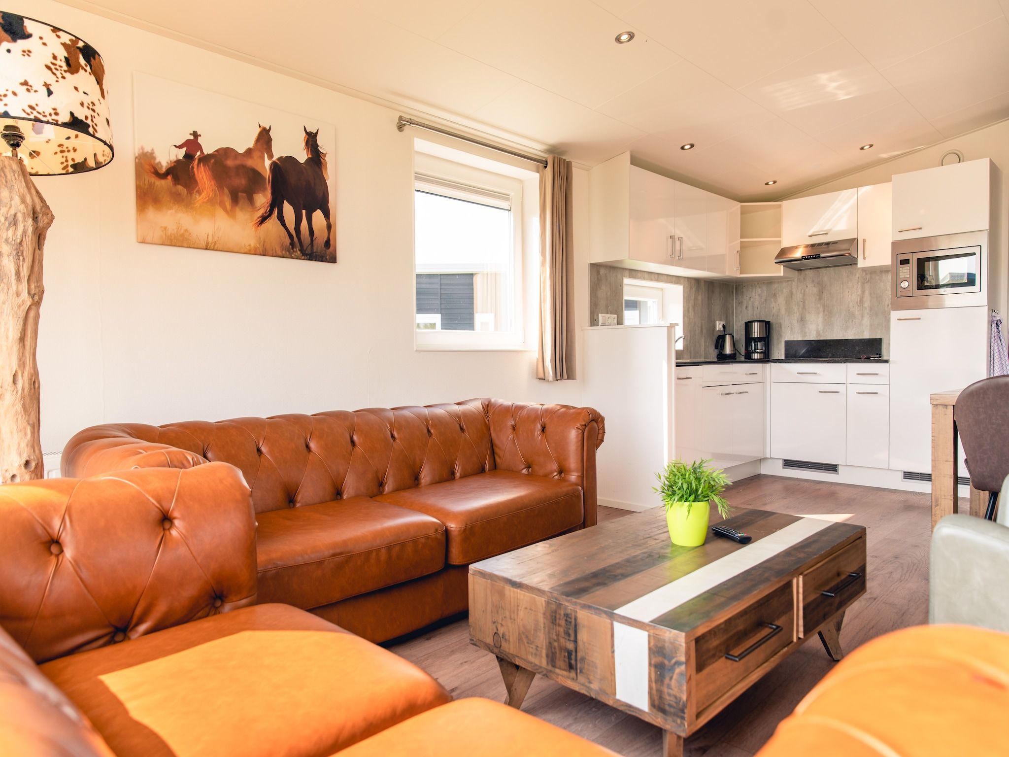 De woonkamer van Raccoon Lodge in Slagharen