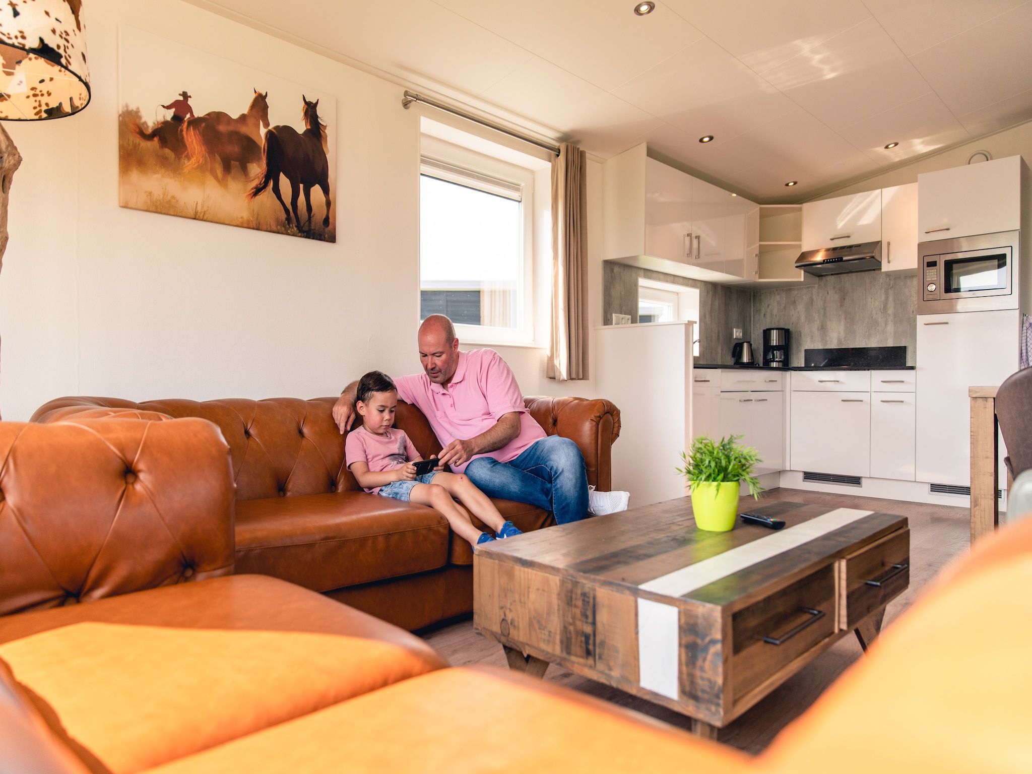 De woonkamer van Raccoon Lodge in Slagharen